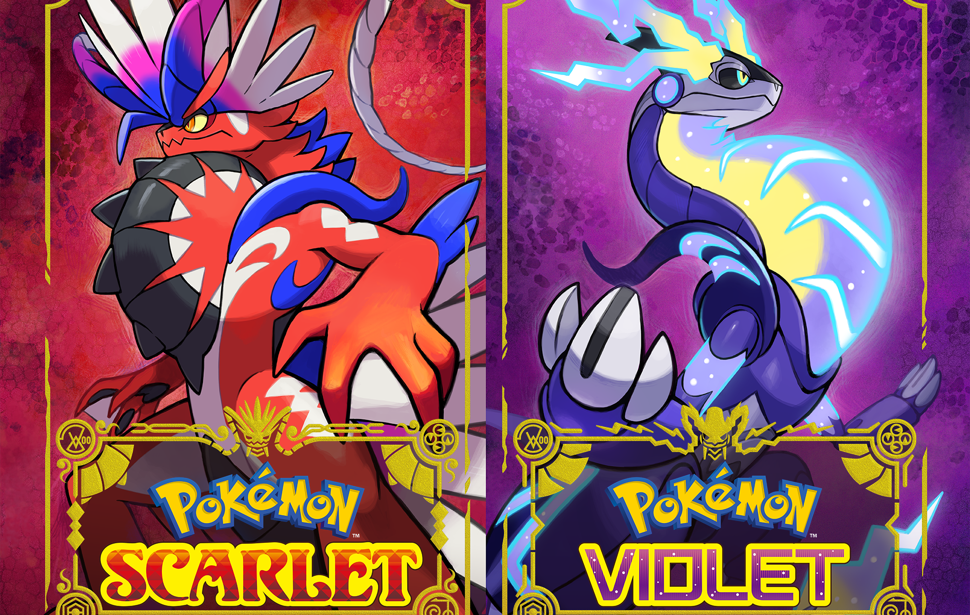 游戏封面为“poksammon Scarlet”和“Violet”，发生在Paldea地区，情节独特。他们的特点是传奇的poksammon为每个游戏，与猩红吹嘘一个红色的背景和传奇和紫罗兰有一个蓝色的传奇和紫色的背景。两者看起来都像龙。