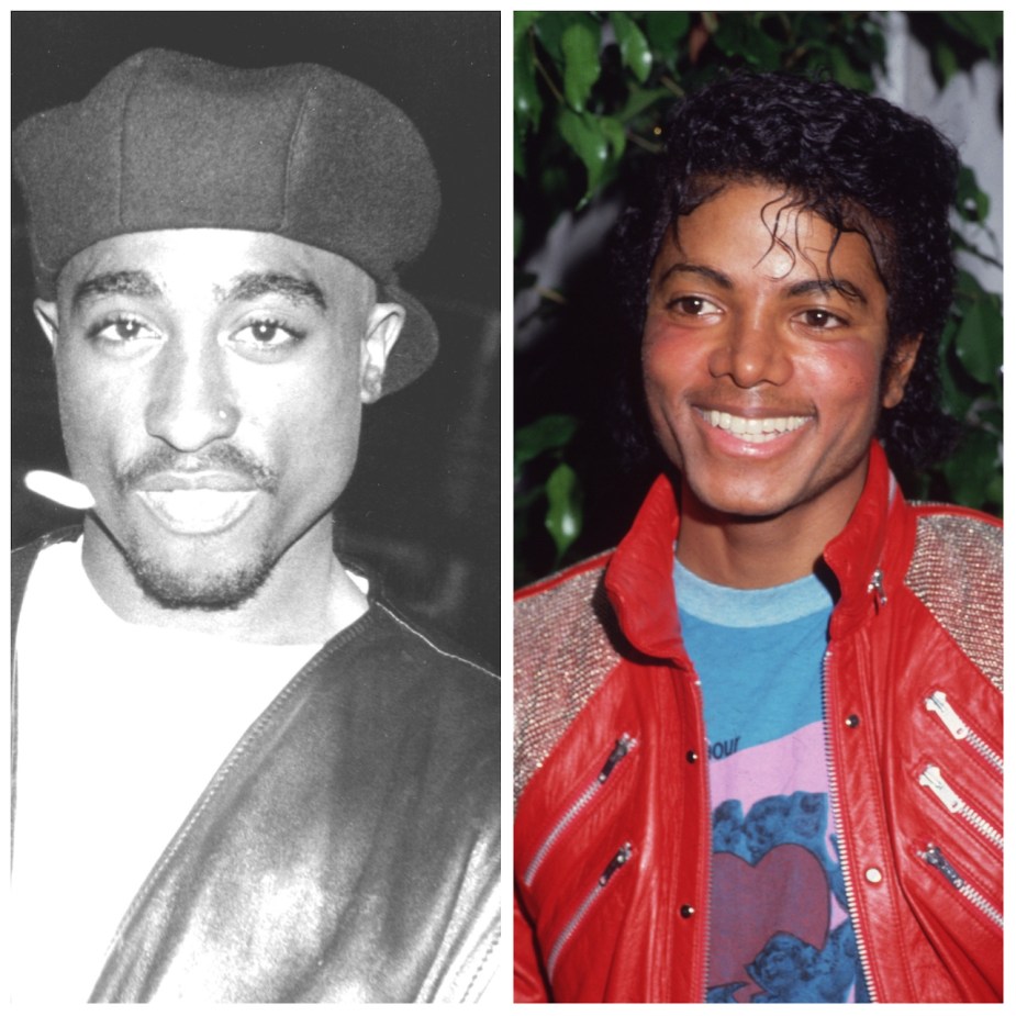 图帕克·沙库尔和迈克尔·杰克逊分别摆姿势拍照;据报道，由于杰克逊缺席了一次录音，图帕克取消了与杰克逊的合作