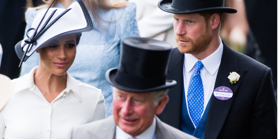 2018年6月19日，梅根·马克尔、哈里王子和查尔斯三世在皇家阿斯科特赛马会第一天。