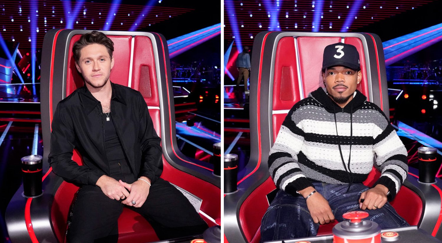 左图:Niall Horan坐在《美国好声音》第23季的椅子上;右图:Chance The Rapper坐在《美国好声音》第23季的椅子上