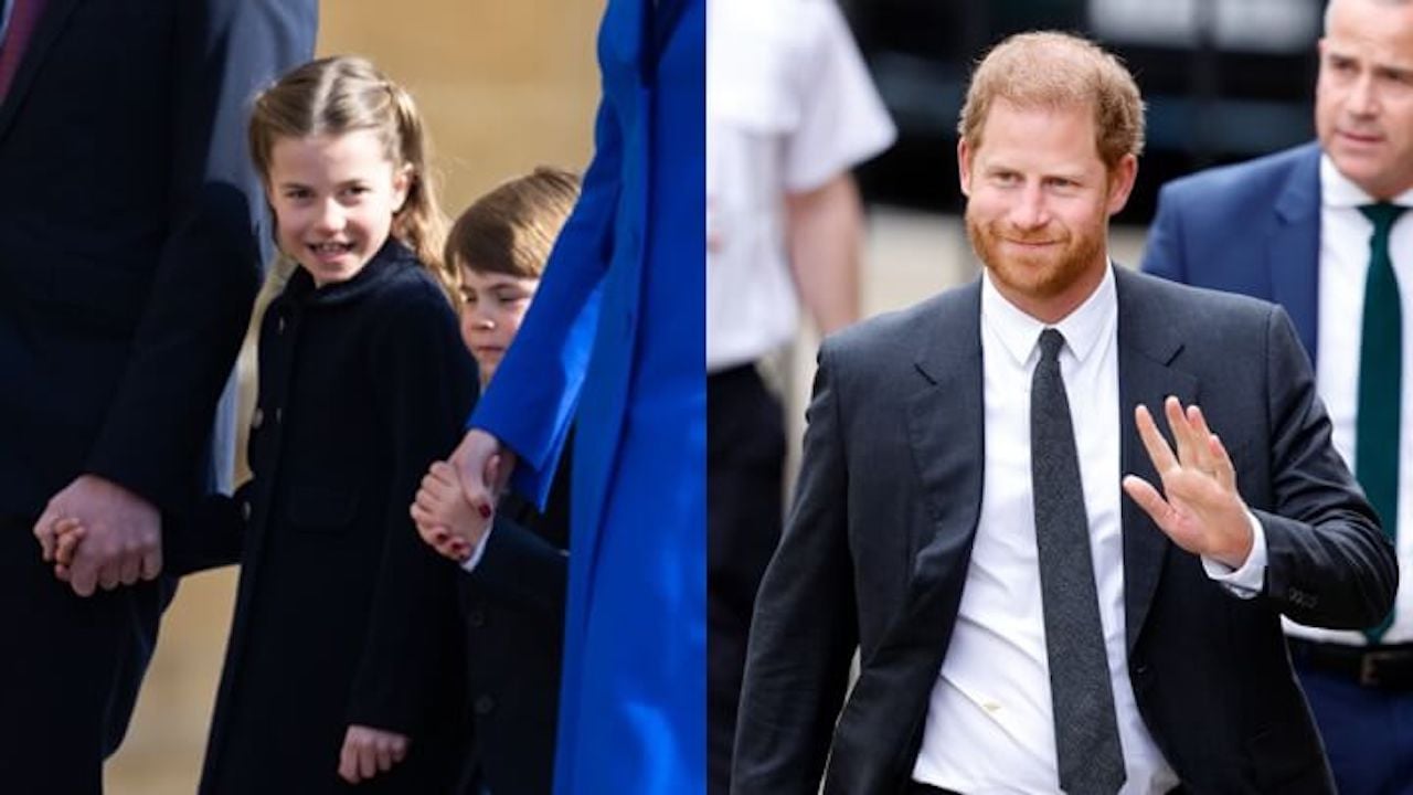 (左)2023年4月9日，夏洛特公主和路易斯王子在英国温莎城堡参加复活节圣餐仪式。(右)苏塞克斯公爵哈里王子于2023年3月30日抵达英国伦敦的皇家法院。
